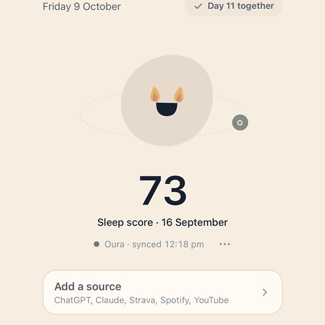 OpenPet reads back a sleep score of 73 from the connected Oura Ring data.
