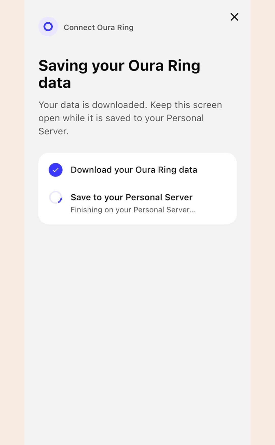 The Vana App downloads Oura Ring data and saves it to the user's Personal Server.